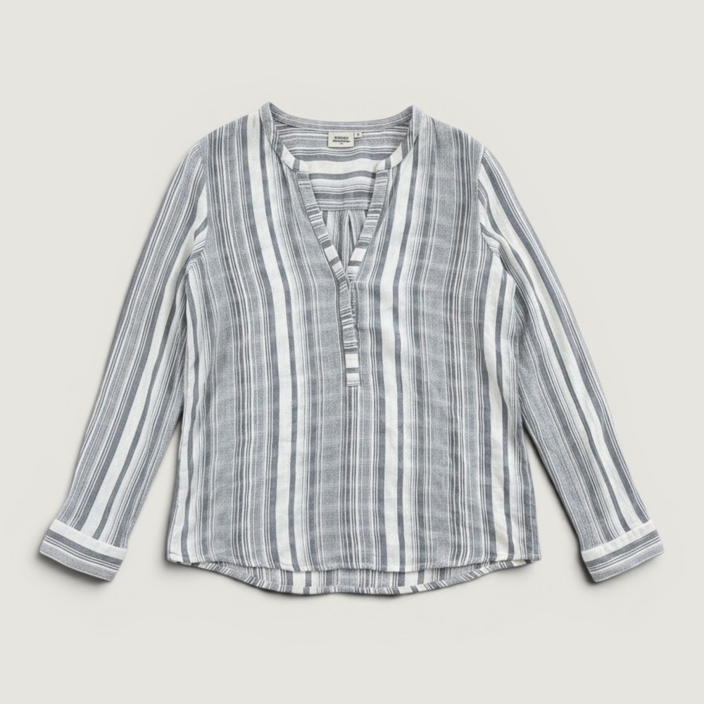 Hartford Blouse Womens 8 Grey Striped Excellent Cotton Split Neck Long Sleeve